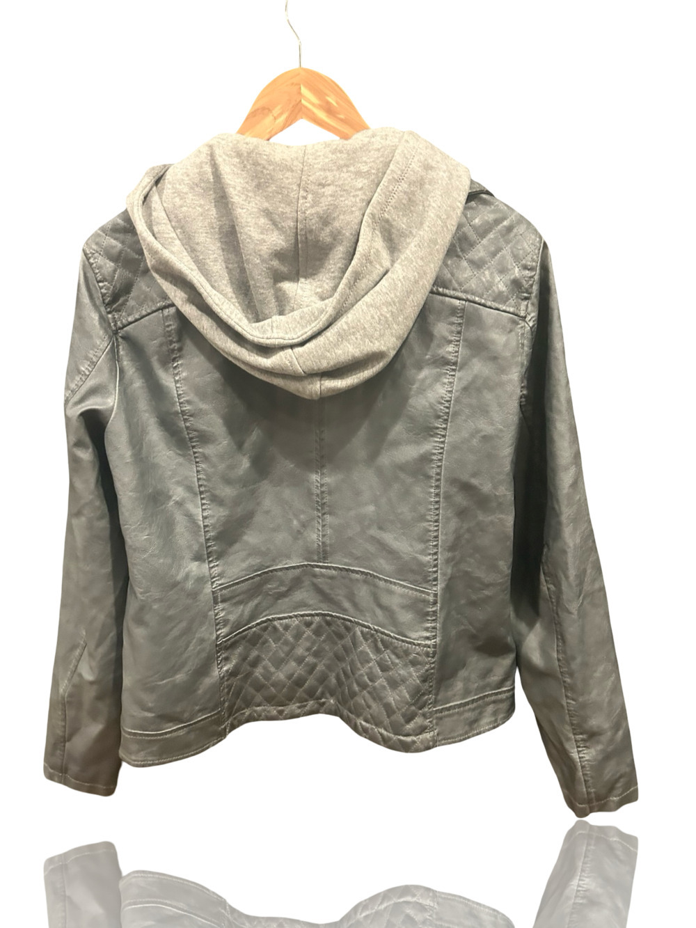 a.n.a Gray Faux Leather Moto Jacket Y2K Hooded Motorcycle Jacket Size L - Picture 6 of 7